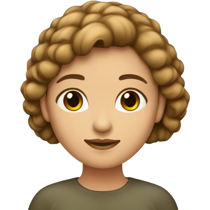 Mujer de piel clara con ojos verdes nariz pequeña boca normal cejas gruesas con el pelo crespo y corto de color castaño  emoji