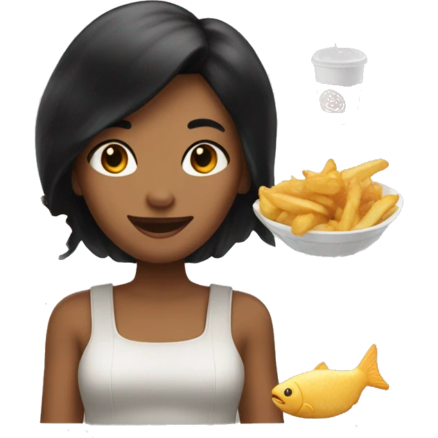 A girl with black hair enjoying fish and chips  emoji