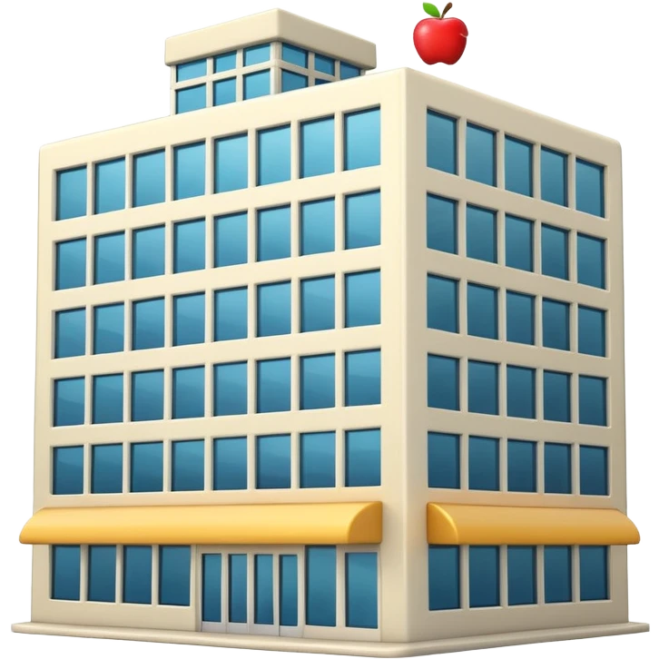 3D emoji-style icon of a modern office building with visible workers inside, Apple iOS style, soft lighting, glossy finish, white background emoji