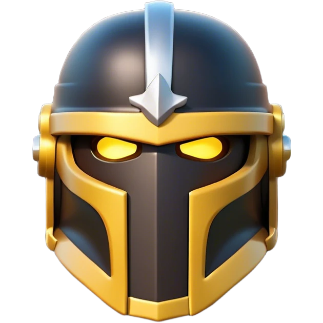 Clash of Clans aesthetic: Cinematic Playful 3D Isometric Helmet Emoji, rendered in a 3D vector-style similar to standard emojis with minimal shading and bold, simplified shapes. A compact, distinct form with signature details, softly glowing with a fantasy RPG magic charm. Simplified yet unmistakably iconic, highly detailed and consistent, glowing with a soft radiance and high shine. Stylized with a touch of heroic grandeur and a soft glowing outline, capturing the essence of a beloved gaming relic with a friendly, playful manner! emoji