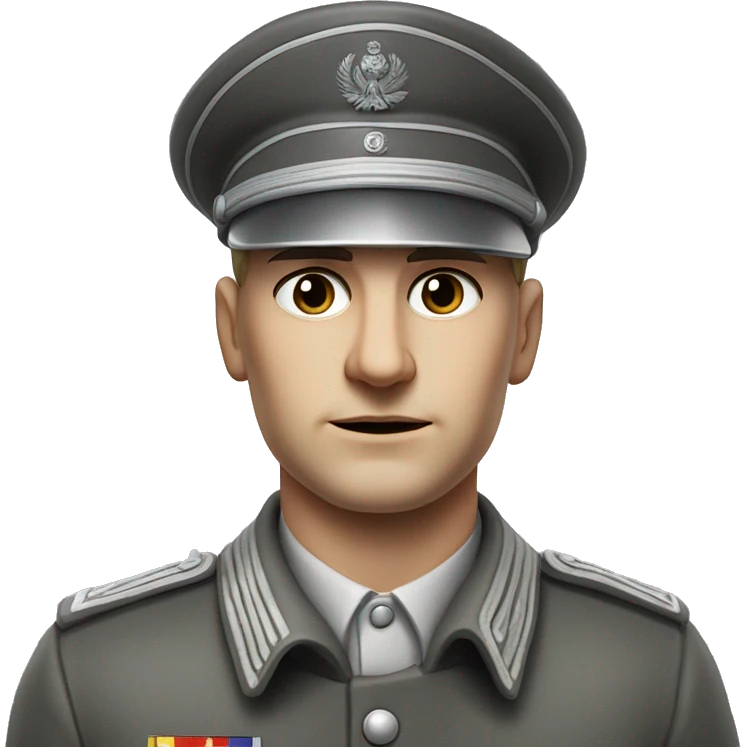 photorealistic 30 years old serious german soldier the middle of the XX century gray uniform detailed face with wrinkles, closed mouth, small eyes  emoji