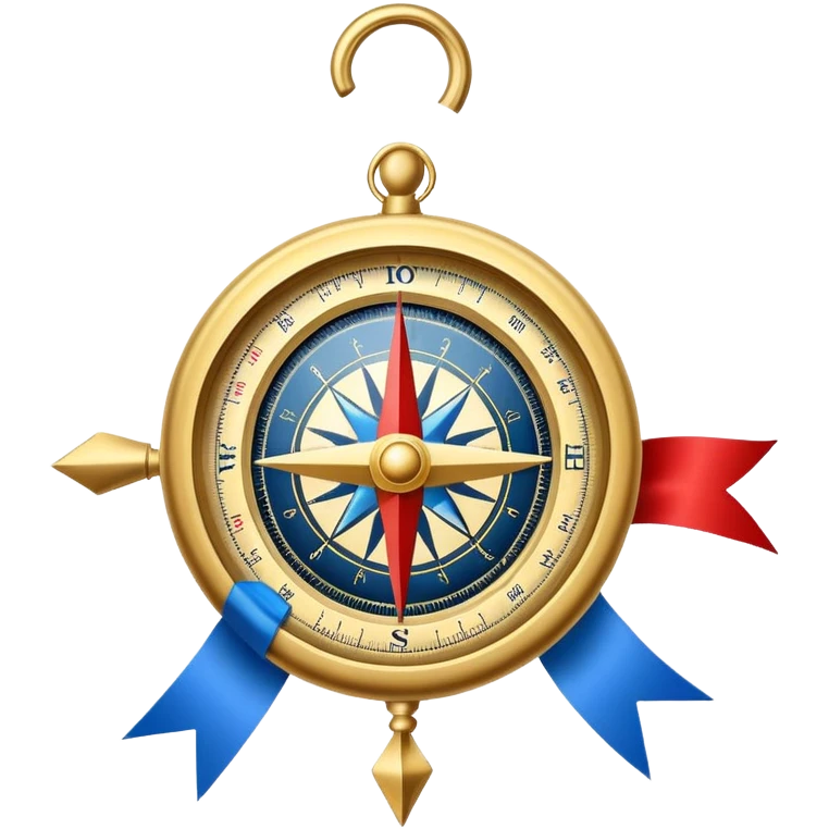 iOS compass with gold trim and blue and red direction markers hanging from a white ribbon emoji