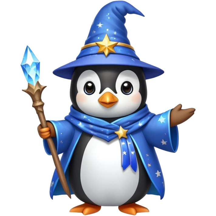 A cute penguin dressed as a wizard with a pointed blue hat with stars, holding a magical wand emoji