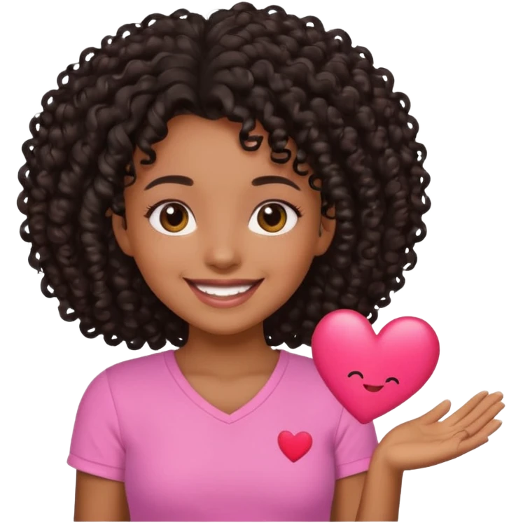 A brown skin girl with a black curly 4C hair and she has a pink Shirt that has a heart  emoji
