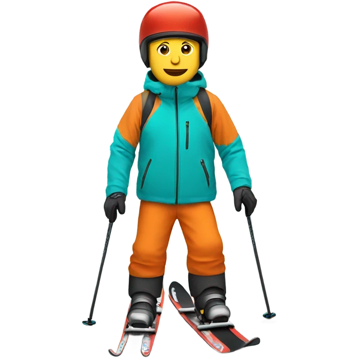 white man skiing wearing a ORANGE JACKET and wearing a RED HELMET and wearing TURQUOISE PANTS emoji