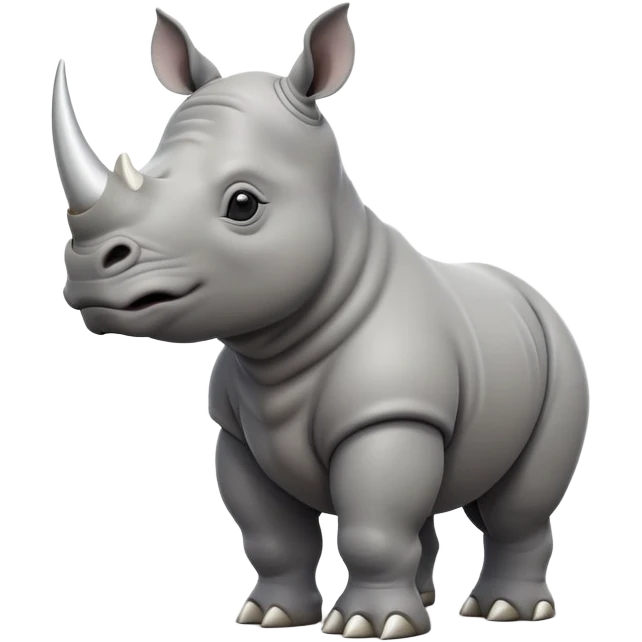 cinematic-rhino-full-body-standing-emoji,white horn, slate grey skin -massive-body-poised-powerfully,-thick-horn-curving-slightly-forward,-head-tilted-dramatically,-rough-grey-hide-covered-in-dust,-simplified-focused-features, large cute black eyes emoji