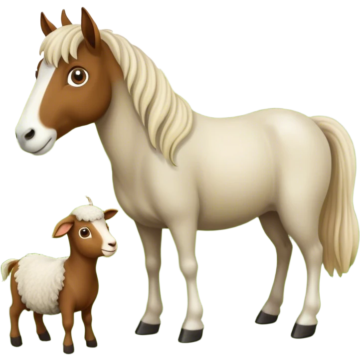 Icon for Domestic Hooved Animals: A gentle collage featuring a horse with a flowing mane, a brown goat with large, curious eyes, a calm sheep with soft wool. Background with a green pasture and a few hay bales. Transparent background. emoji