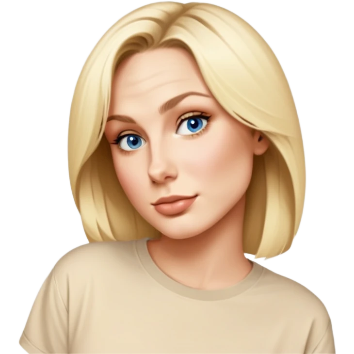 female, wearing oversized beige tshirt, looking straight emoji