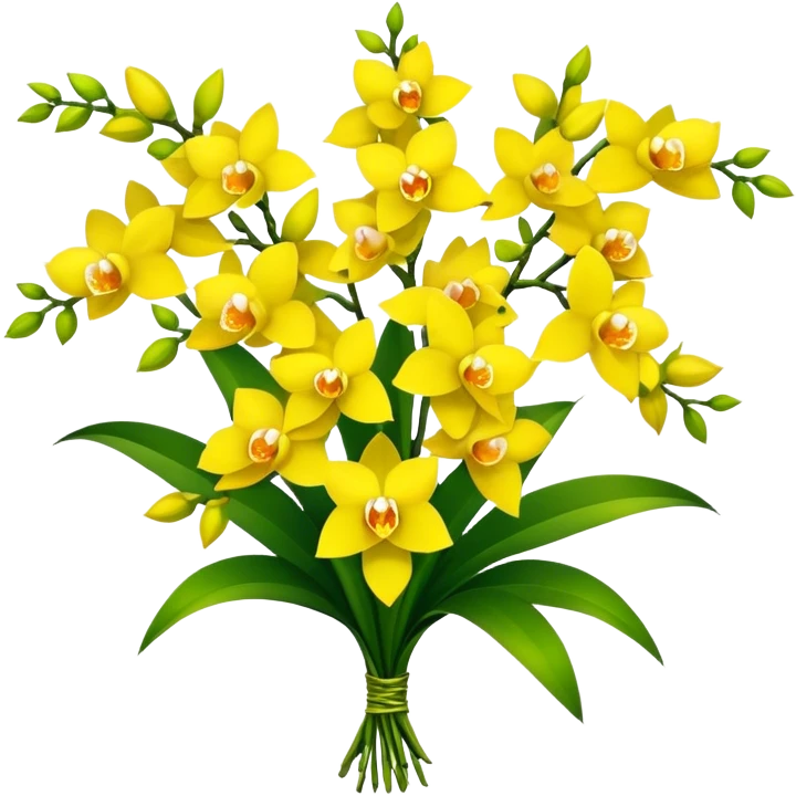 big bouquet yellow Dendrobium Orchid, stem, leaf, flower emoji