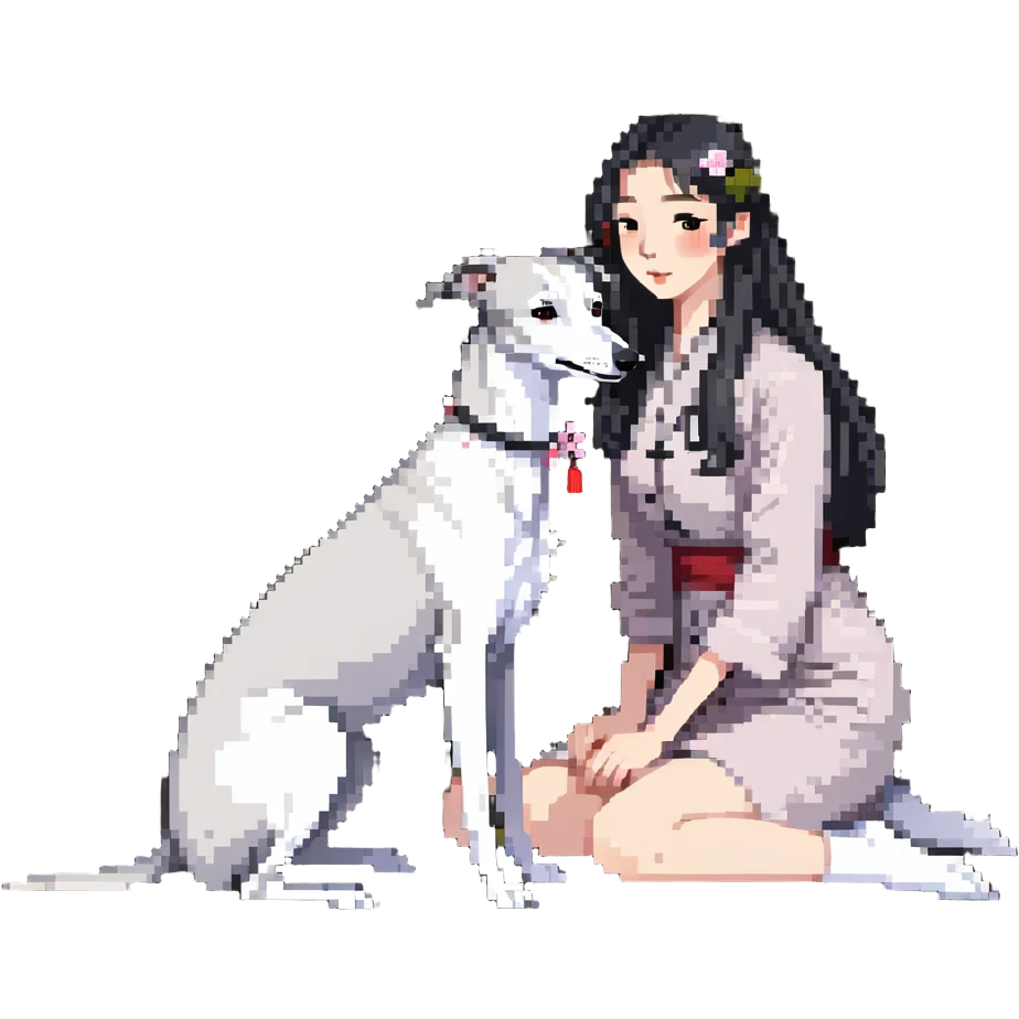A very beautiful and attractive 25-year-old Chinese woman with long flowing black hair and a pure solid dark grey whippet with ABSOLUTELY NO white markings anywhere on its body sitting under a cherry blossom tree. The whippet must be completely solid dark grey with no white on chest, no white on muzzle, no white on paws - entirely one solid dark grey color. emoji