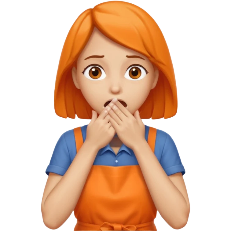 scared woman with her hands on her mouth, different details, more details, sideways pose, orange apron emoji