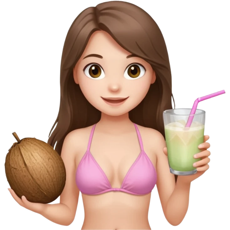 happy pretty white brunette teen long hair with hazel eyes and a small waist in light pink bikini holding a coconut drink emoji