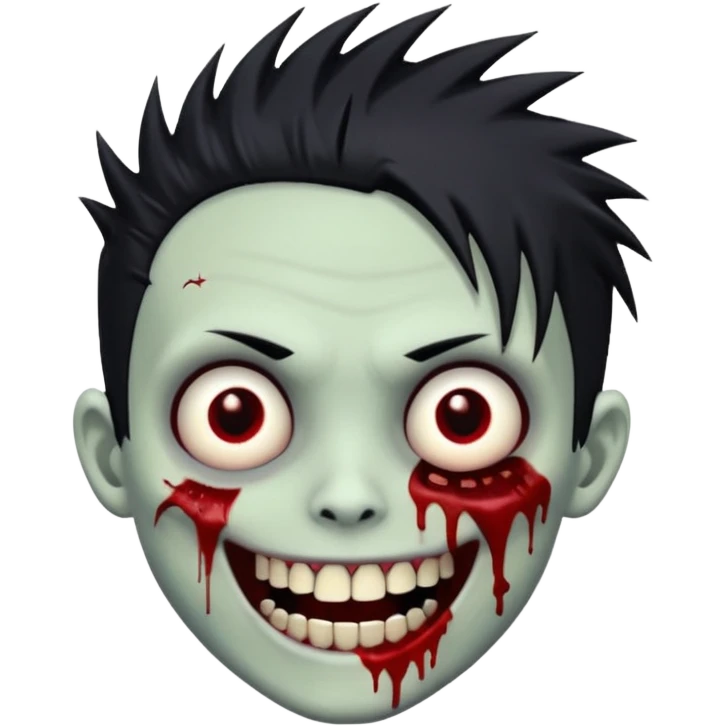 zombie boy with emo spiky hair, white skin, and white eyes; an open smile, and bloodied teeth; emoji
