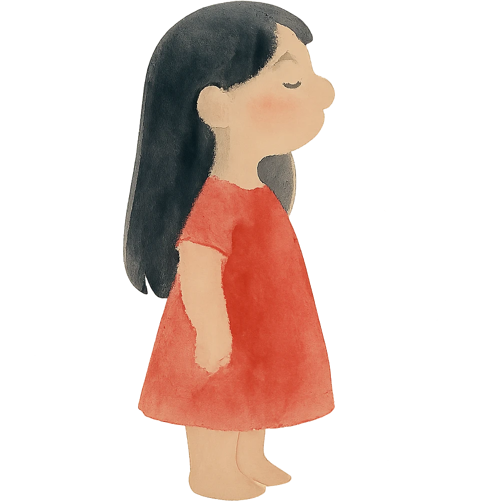 Lilo-inspired girl, watercolor art style, red dress, black hair, soft and dreamy emoji