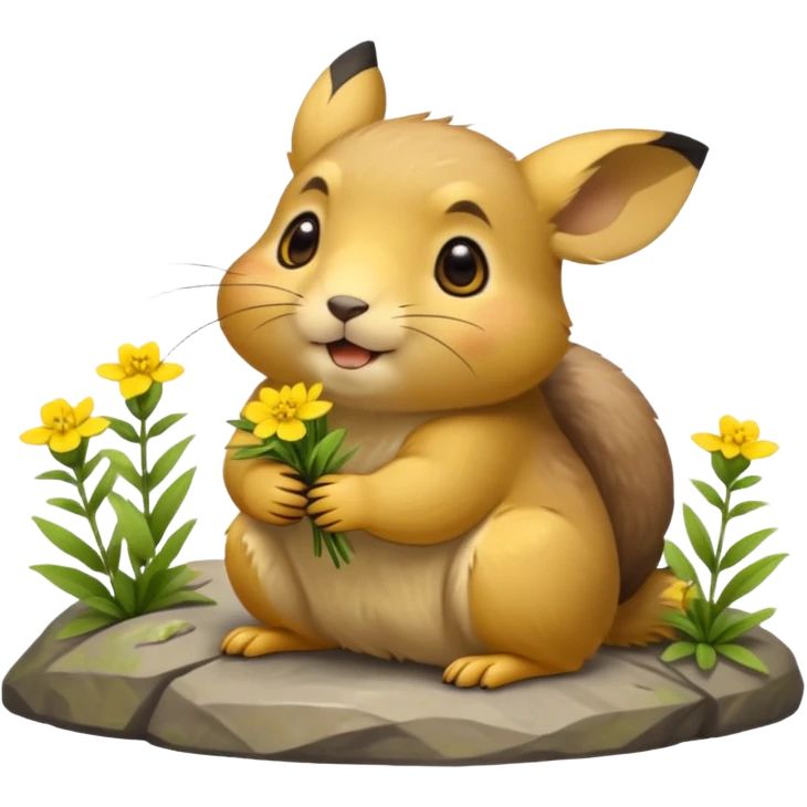 small round mountain pika on all fours, holding flowers in its mouth emoji