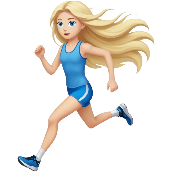 Cinematic realistic blonde with long hair and blue eyes, running emoji