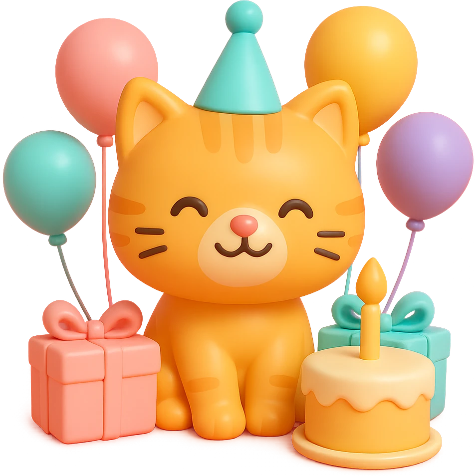 ginger tabby kitten with birthday hat, surrounded by balloons and presents, smiling, birthday cake nearby emoji