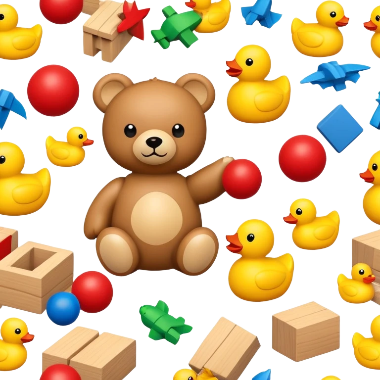 colorful children's toys scattered - teddy bear, yellow duck, wooden blocks, red ball, superhero figure emoji