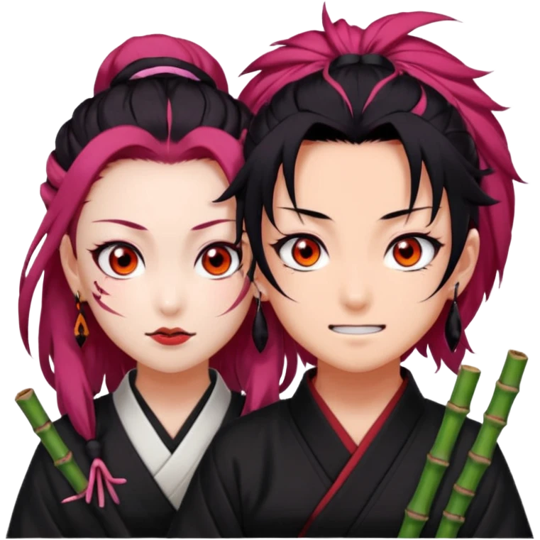 tanjiro: Kind red eyes, black hair with burgundy tips, forehead scar, tanned skin, Hanafuda earrings.                             nezuko:   Pink eyes, black-orange hair, fangs, bamboo muzzle. emoji
