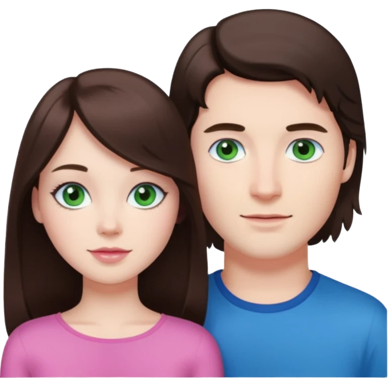 pink polaroid photo of a couple thats white with long brunette hair blue eyes and a white guy with short brunette hair and green eyes emoji