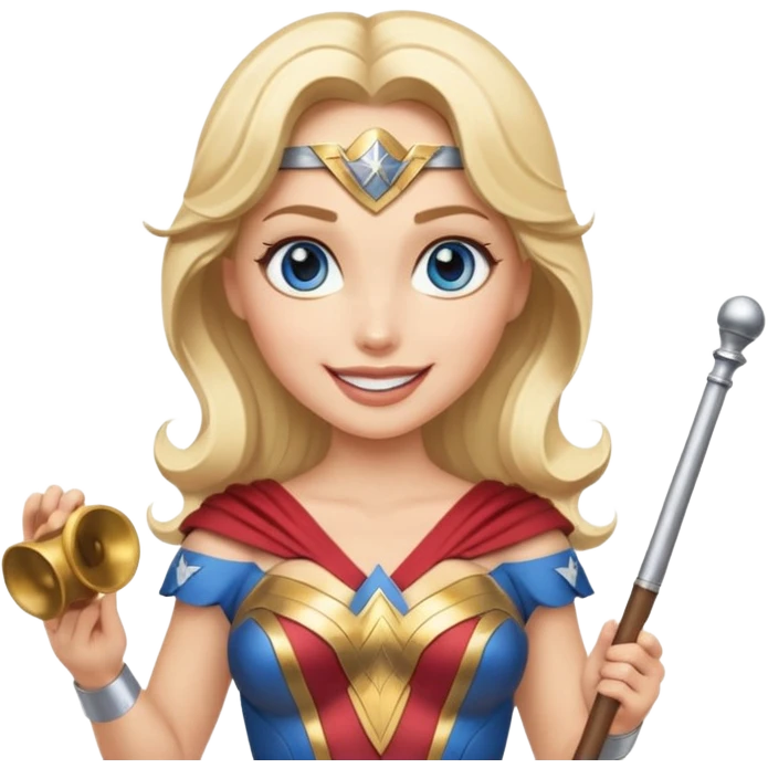 Blonde blue eyed Wonder Woman holding white orchestra conductor’s baton and bell emoji