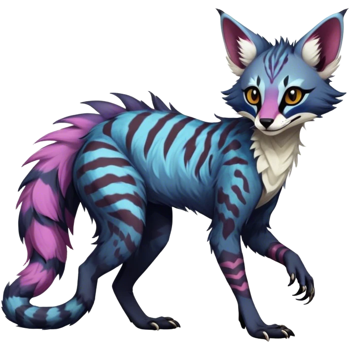 Feral Rare Fantasy dark colorful Vernid-Sergal-Genet-Trico-species by LiLaiRa, random markings, tufted tail, tufted ears, full body emoji