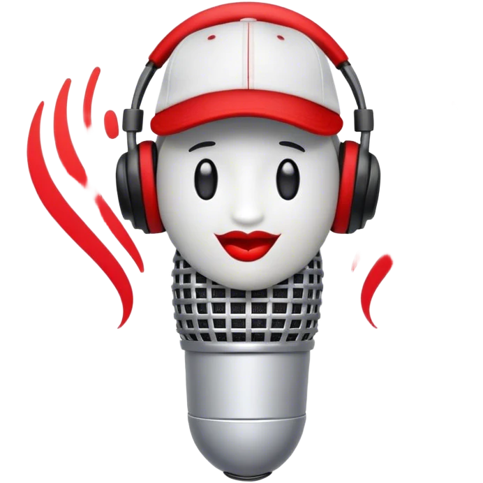 Create a dynamic and energetic emoji that represents beatboxing. The design should feature a stylized microphone with lips and sound waves emanating from it and baseball cap on it, symbolizing vocal percussion and rhythm. Add elements like headphones or a subtle speaker to emphasize the music production aspect. Use bold colors like black, white, and red to convey the intensity and creativity of beatboxing. The background should be transparent. emoji
