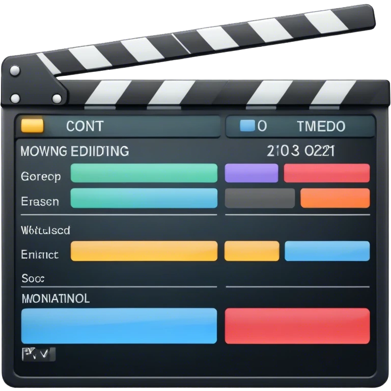 Create an emoji representing video editing. The design should feature a video editing software interface with a visible timeline, video clips, and audio tracks. Include elements like a film strip or a clapperboard to represent the filmmaking aspect. No smiley faces. Make the background transparent. emoji
