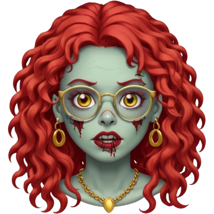 zombie with long red curly hair, thick lashes, black glasses, gold nose piercings on each side of her nose, and a gold eyebrow piercing. emoji