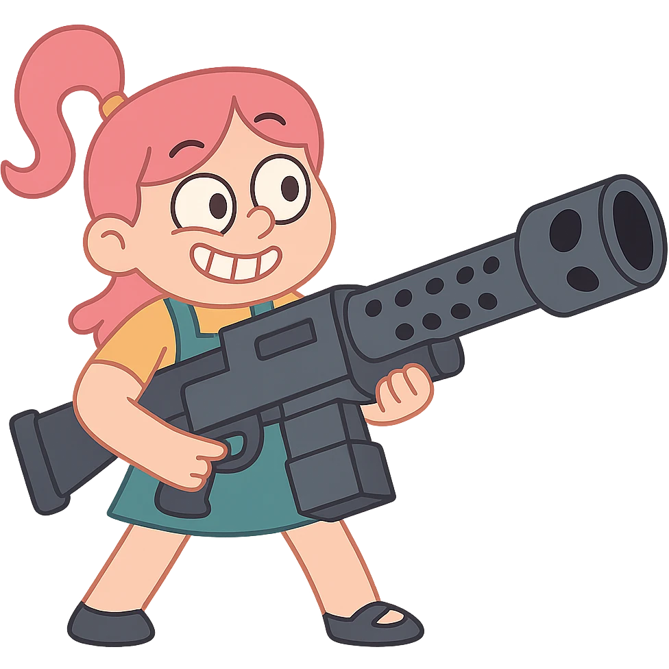funny, positive stalker girl named Businka with a huge machine gun emoji