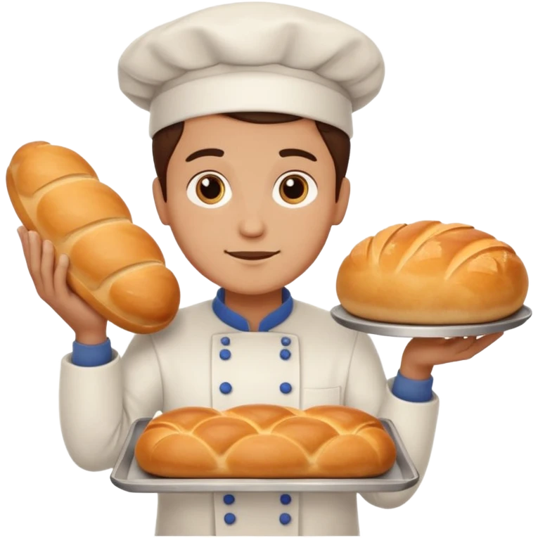 baker holding tray with big bread emoji