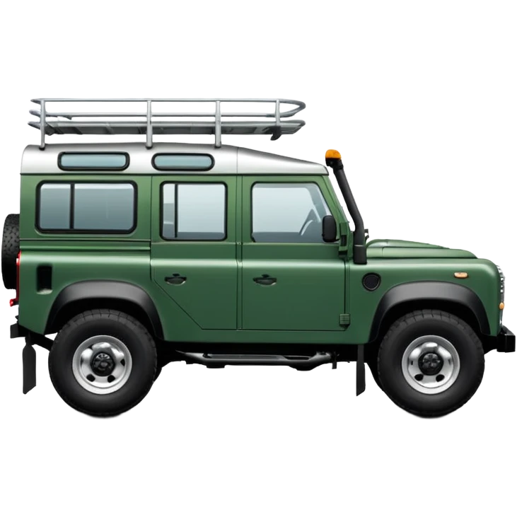 Land Rover Defender 110 2.4Tdci in Aintree Green with silver alloy wheels and black roof rack, emoji style, side view emoji