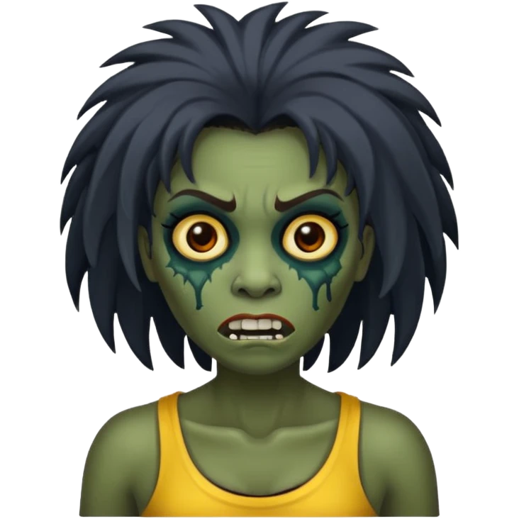 Faça uma mulher zumbi com o cabelo cacheado médio, e uma franja cacheada emoji