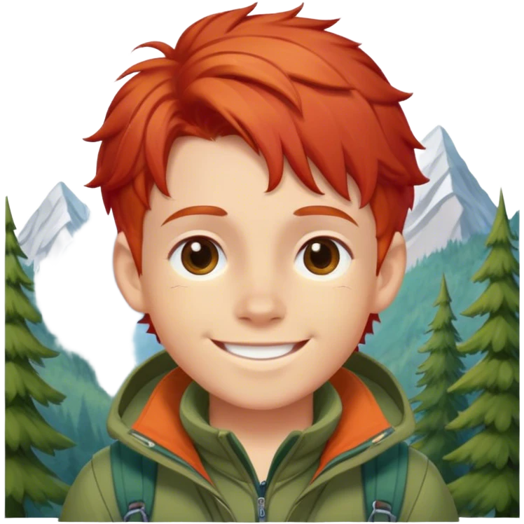 smiled boy's mountain clothes whit red hair emoji