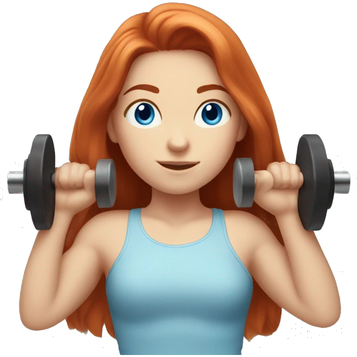 A long-haired red-haired girl with fair skin and blue eyes is pressing the barbell emoji