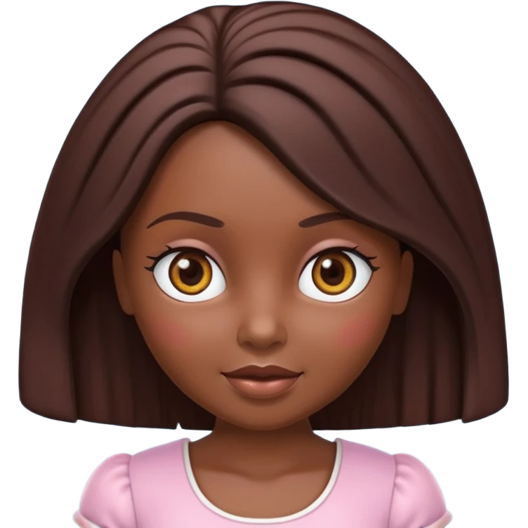Boneca digital em estilo 3D realista e fofo, semelhante a uma boneca colecionável. Mulher jovem com pele negra, olhos castanhos escuros, cabelo liso cor chocolate, longo e bem alinhado.  emoji