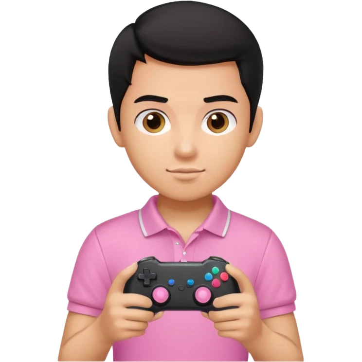 generate a pretty tan bratz boy with a pink polo. Holding a gaming controller in hand. Black hair emoji