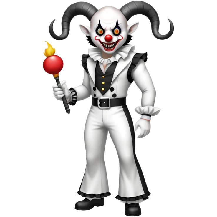 full-body muscular demonic clown in black and white leisure suit with bellbottom pants, bald, black ram horns, flashy black and white belt, ruffled white shirt, no neck tie, large fangs emoji