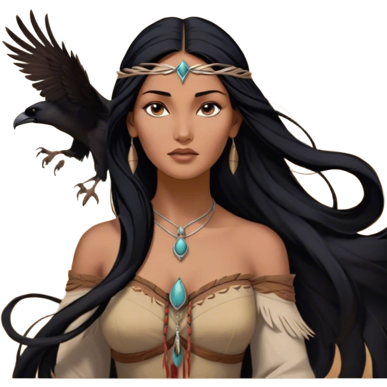 Cinematic Realistic Pocahontas Portrait, depicted with lifelike skin texture, soft natural lighting, and intricately detailed long, flowing raven-black hair that moves gracefully in the wind. Her deep, soulful dark brown eyes exude wisdom and strength, complemented by a serene yet powerful expression. She is shown gently holding a feather in one hand, her other hand resting lightly at her side, embodying the harmonious balance between nature and herself. She is dressed in her classic one-shoulder native American dress, with rich fabric textures and delicate beaded details that catch the light beautifully. The portrait features a soft, sun-kissed glow with a natural, radiant finish, capturing the essence of untamed beauty and deep connection to nature in a realistic and painterly style, evoking a sense of depth and authenticity. emoji
