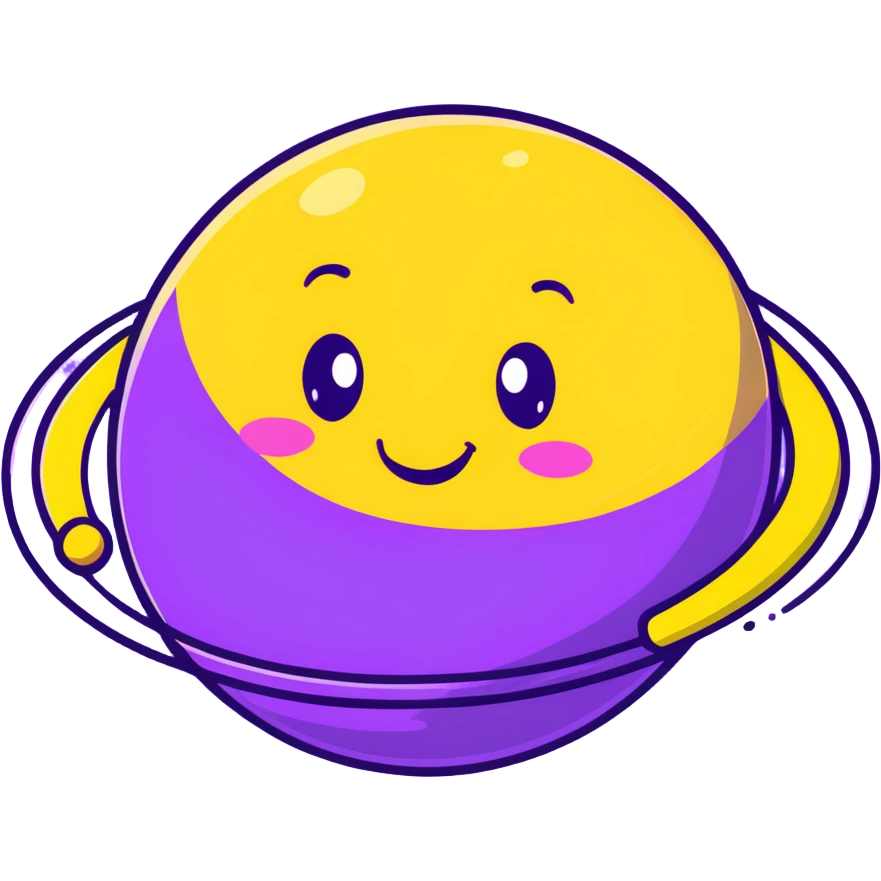 fantasy yellow planet with colorful rings and a cute happy face emoji