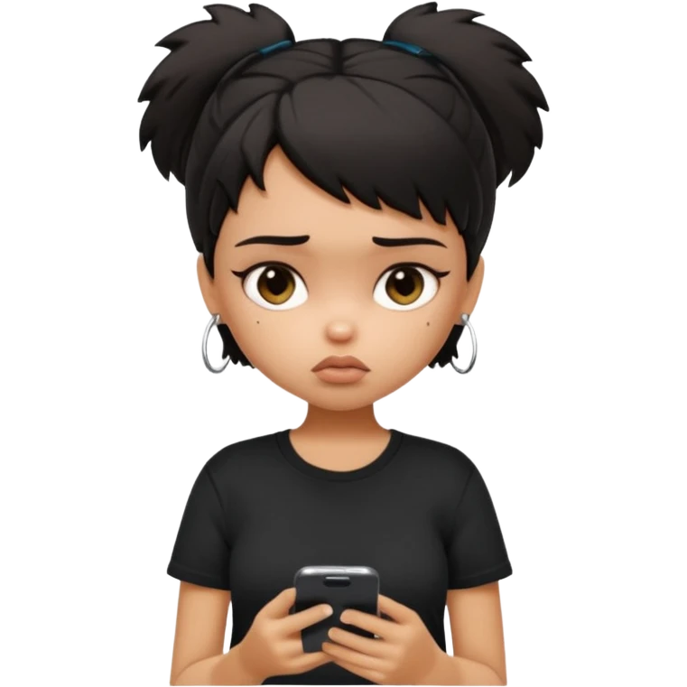 generate a pretty bratz girl with short black very messy dirty hair, looking tired and using her phone, wearing an oversized black tshirt emoji