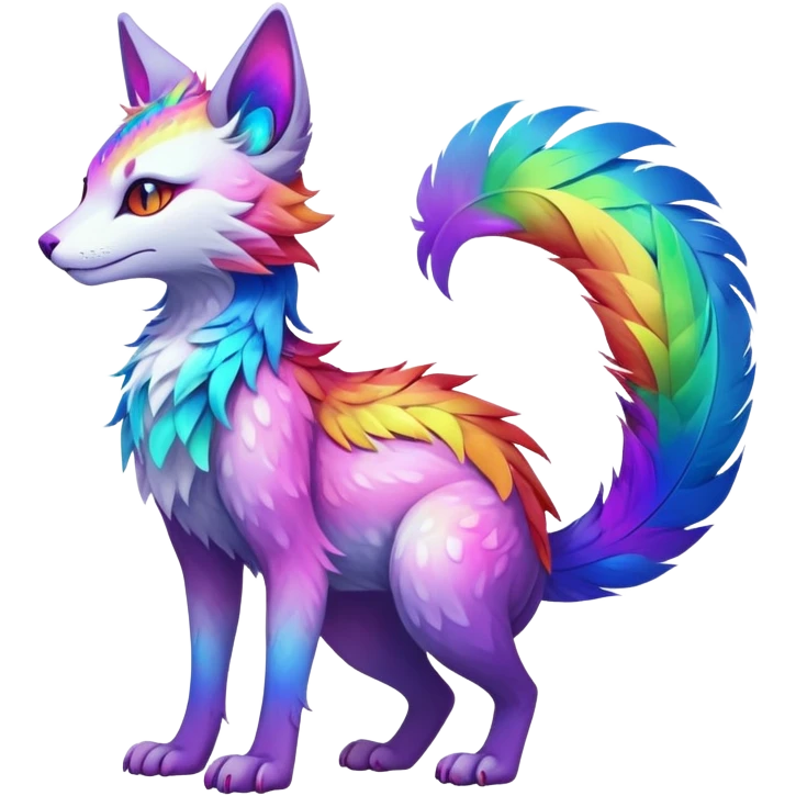 Kawaii neon colorful with feathers-ears rainbow iridescent fantasy ethereal feline-vernid-sergal-fursona animal creature with a tufted tail full body with intricate markings emoji