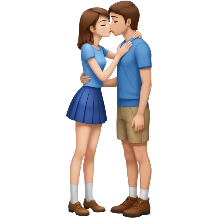 A naked girl with brown hair and bare small breasts openly kisses a tall guy with brown hair full-length on the lips. she is with naked boobs She is wearing a very short skirt and is in full height. emoji