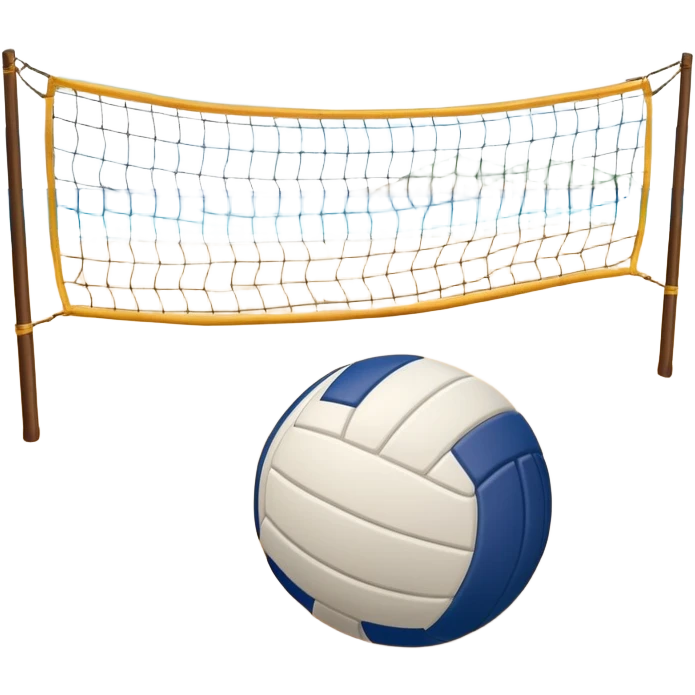 A volleyball resting on the sand on a beach, with the net in the background and a scenic view of the ocean and sky. The scene captures the relaxed yet competitive vibe of beach volleyball, with warm sunlight and the natural beauty of the beach. emoji