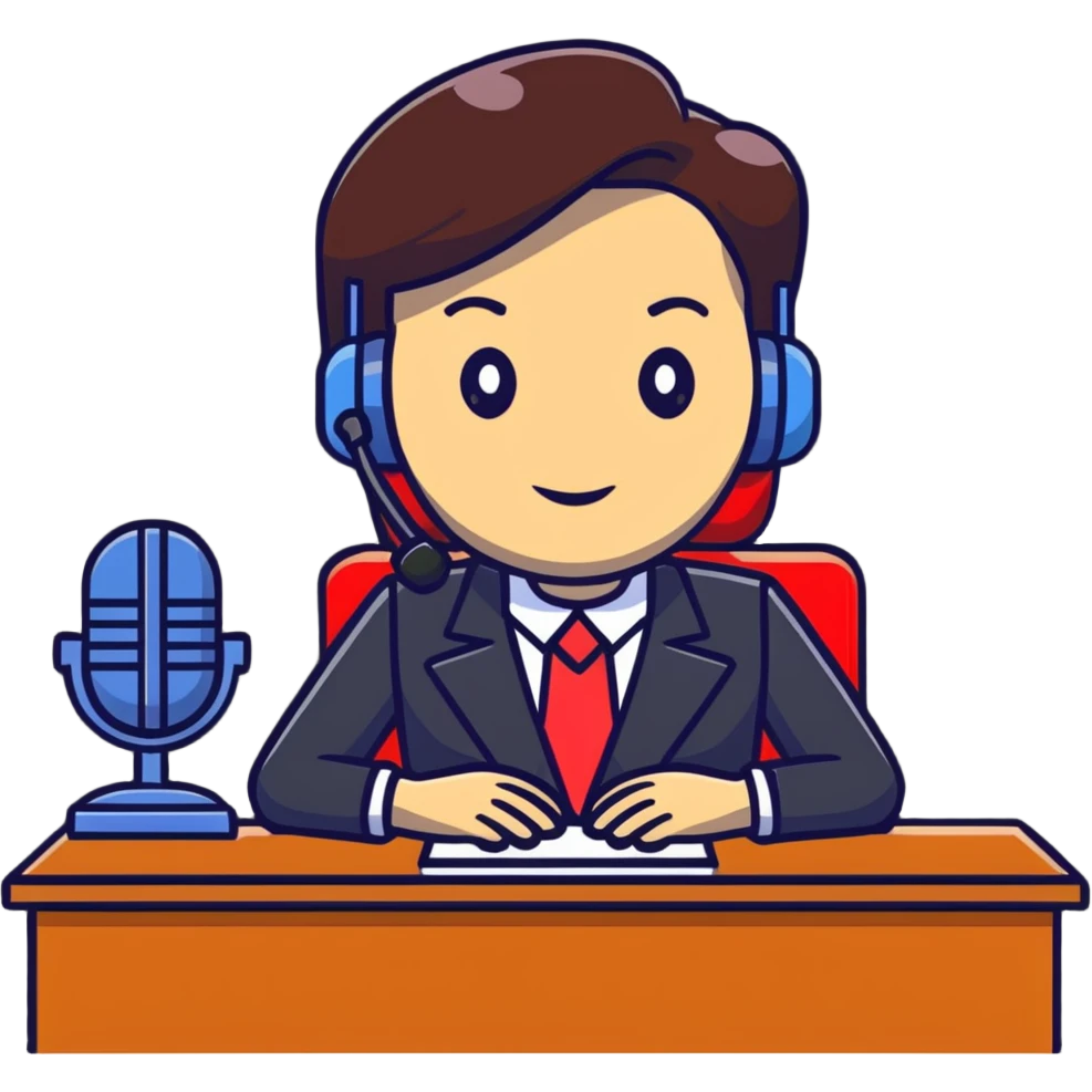 news anchor reporting at desk with microphone emoji