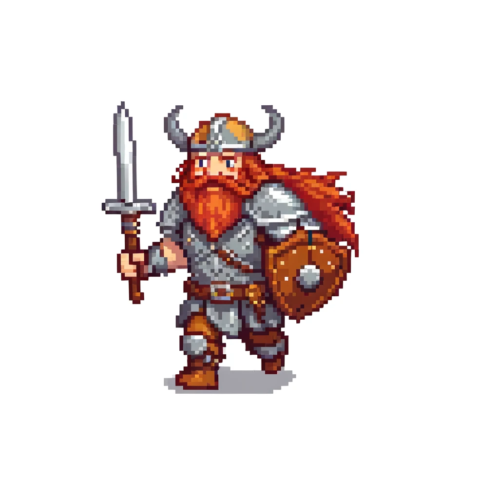 pixel art ginger viking with red beard and armor, running animation frame 3, legs crossing emoji