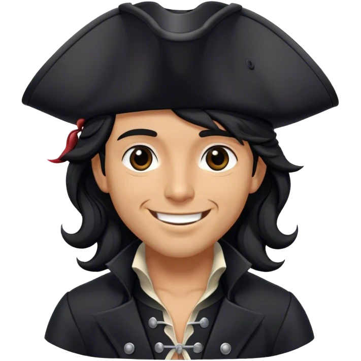 A charismatic pirate with wavy black hair, wearing a black tricorn hat and a sleek black coat with silver buttons, smiling confidently. emoji
