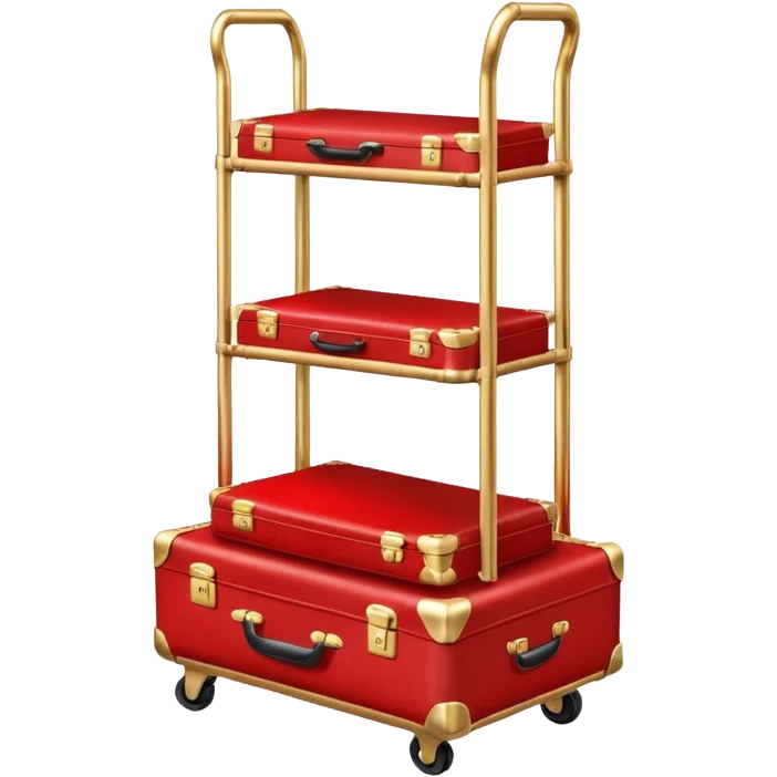Luggage cart: A polished gold luggage cart with a red carpet base, neatly stacked with suitcases. emoji