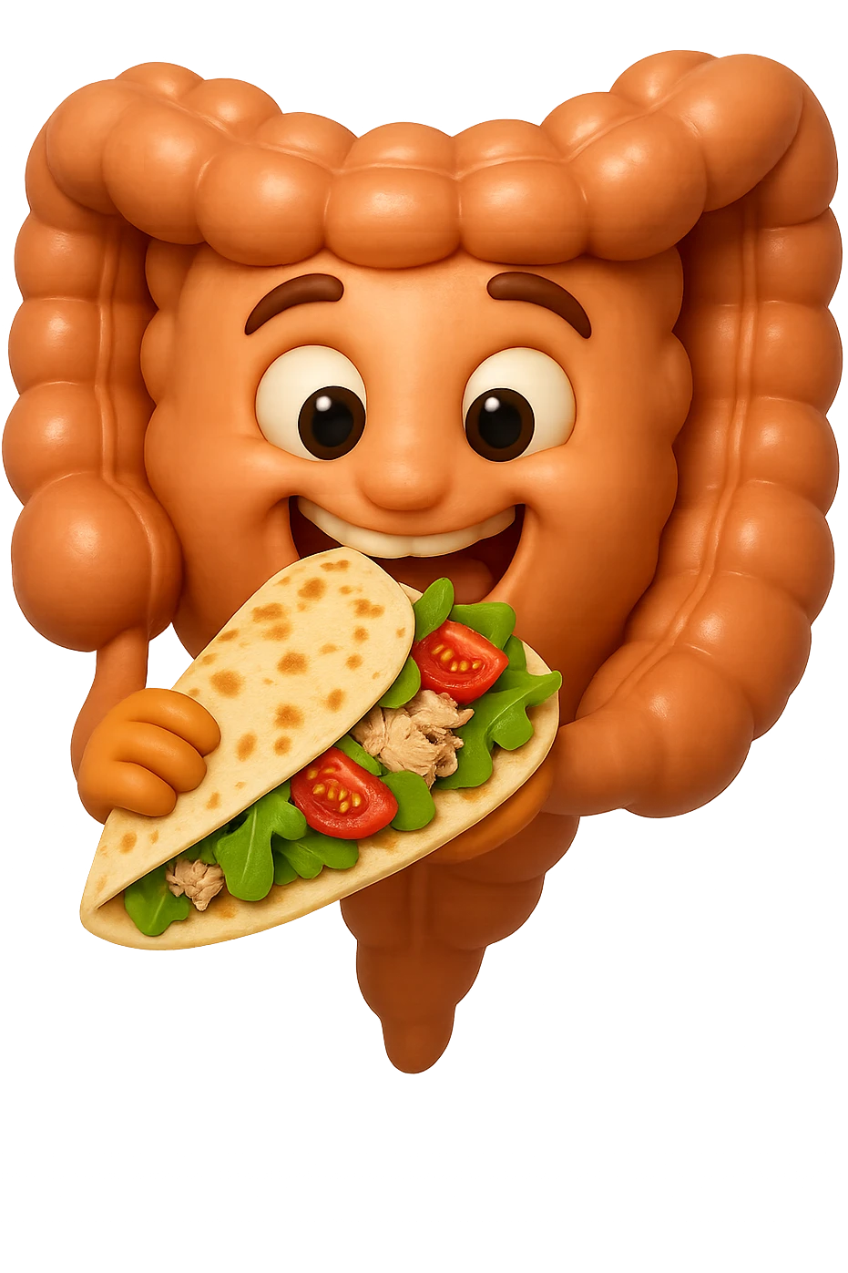 EMOJI STILE IPHONE DI un intestino che mangia una piadina con tonno, valeriana e pomodorini, iperrealistica 4k emoji