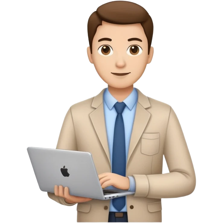 business owner confidently, holding a closed laptop in one hand and a takeaway coffee cup in the other. The character wears casual-smart clothes. emoji